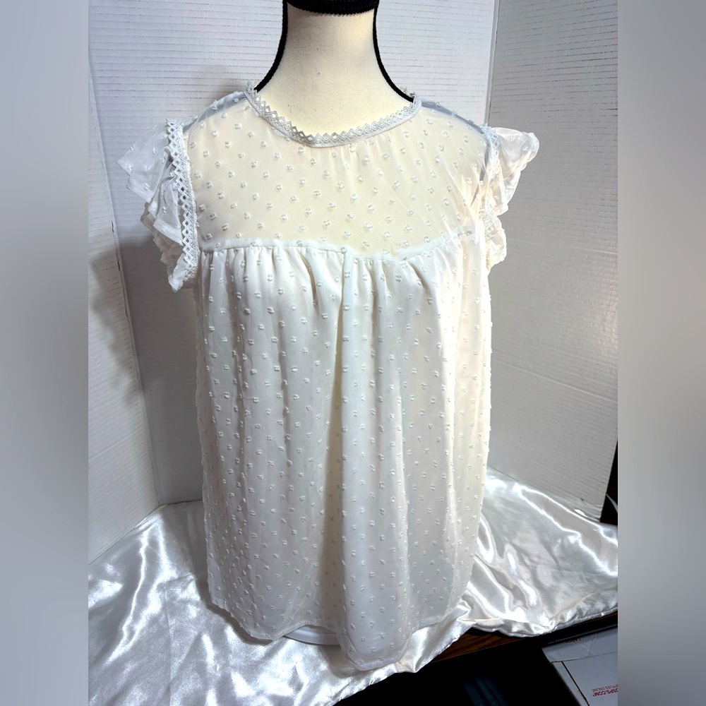 Elegant White Sheer Women's Sz small Top Lined Dot Swiss Feminine 26”L 18”p2p